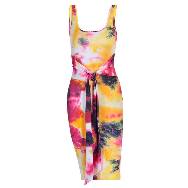 casual dresses womens summer skinny tank dress sleeveless u neck bodycons comfort dyeing printing tie knot front party club short, Black;gray
